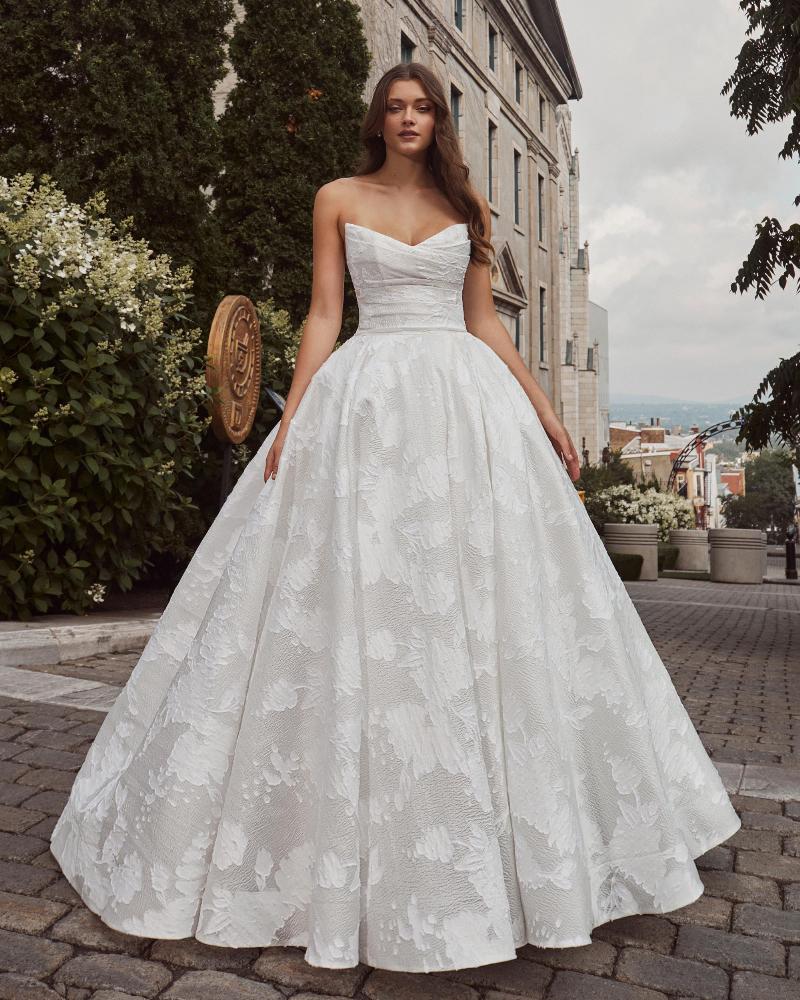 124113 jacquard or satin ball gown wedding dress with long train and pockets1